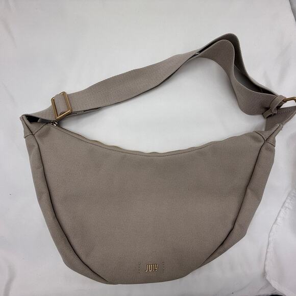 July Everyday Crescent Crossbody Bag in Taupe Beige 100% Cotton Minimalist Style - Picture 11 of 16